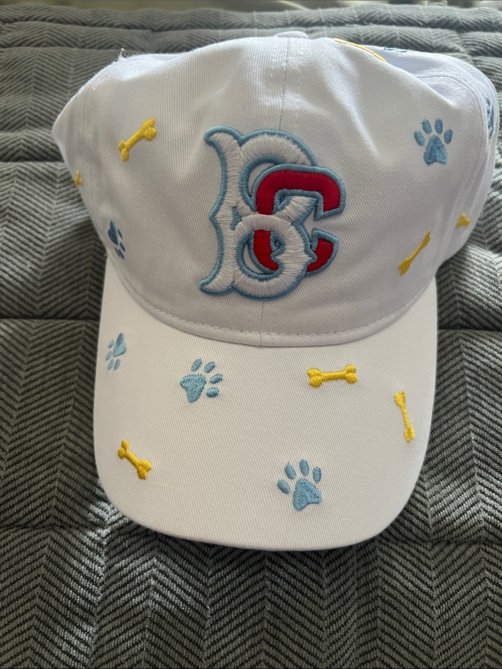 White Pet-Themed Baseball Cap with Blue Paw & Yellow Bone Embroidery
